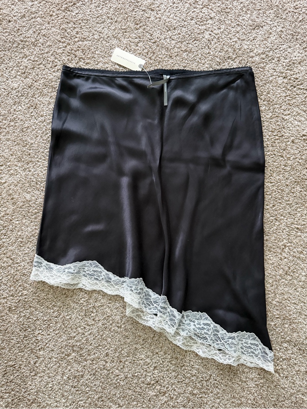 Anthropologie Black Viscose Mini Skirt with White Lace Trim